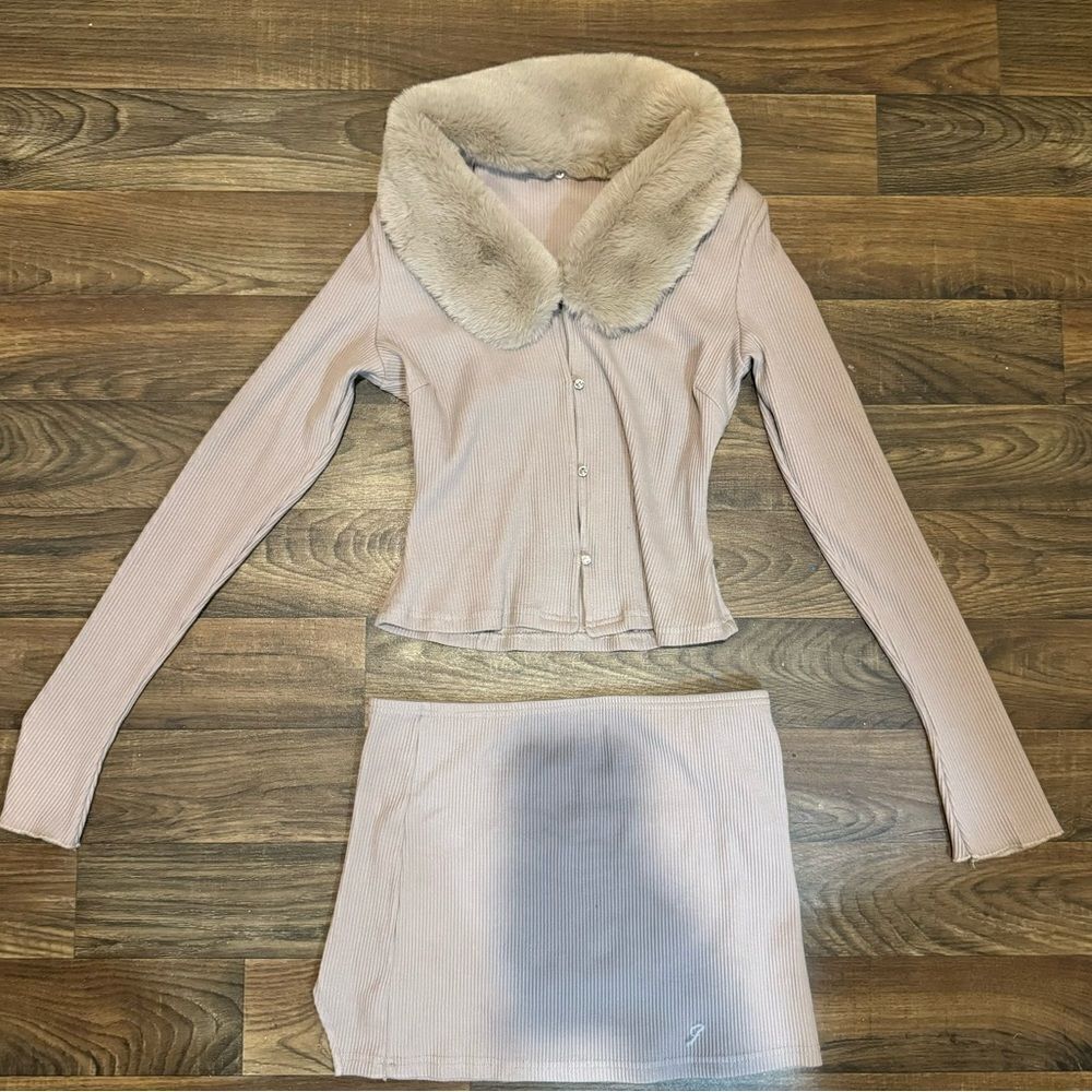 FN Long Sleeve Cream Mini Skirt Set